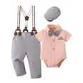 thumbnail image 1 of CARETOO Baby Boy Clothes Suit Dress Shirt Suspender Pants Beret Hat Tie Formal Cotton Fabric 3pcs, 1 of 13