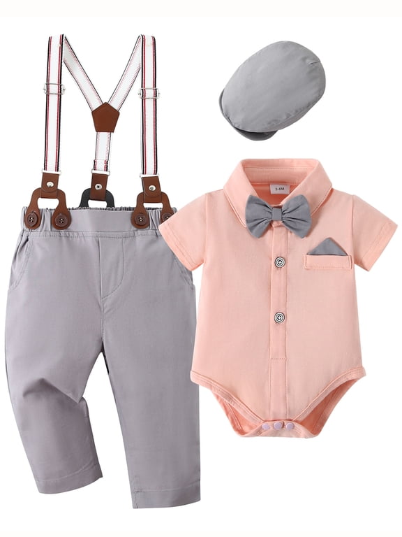 Baby Boy Clothes Suit Dress Shirt Suspender Pants Beret Hat Tie Formal Cotton Fabric 3pcs