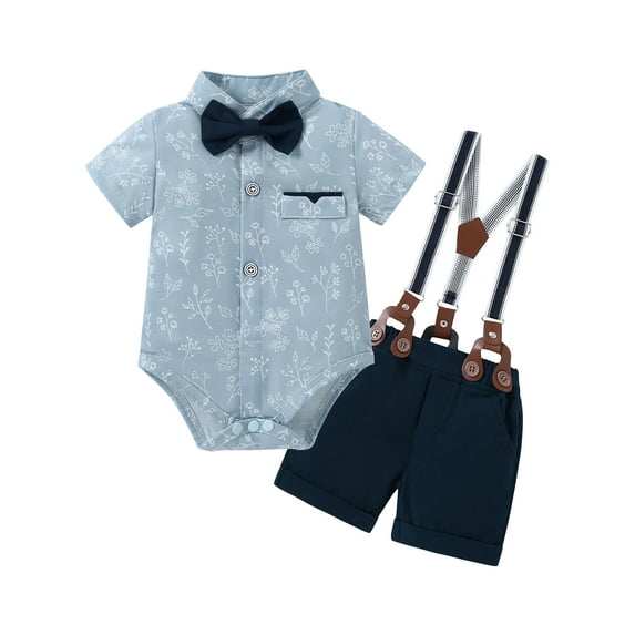 CARETOO Baby Boy Clothes Suit Floral Dress Shirt Shorts Suspender Pants Formal 95% Cotton 3pcs