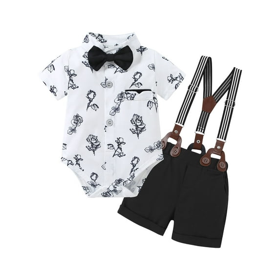 CARETOO Baby Boy Clothes Suit Floral Dress Shirt Shorts Suspender Pants Formal 95% Cotton 3pcs