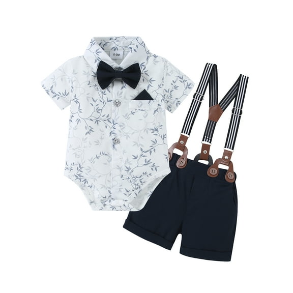 CARETOO Baby Boy Clothes Suit Floral Dress Shirt Shorts Suspender Pants Formal Cotton Fabric 3Pcs
