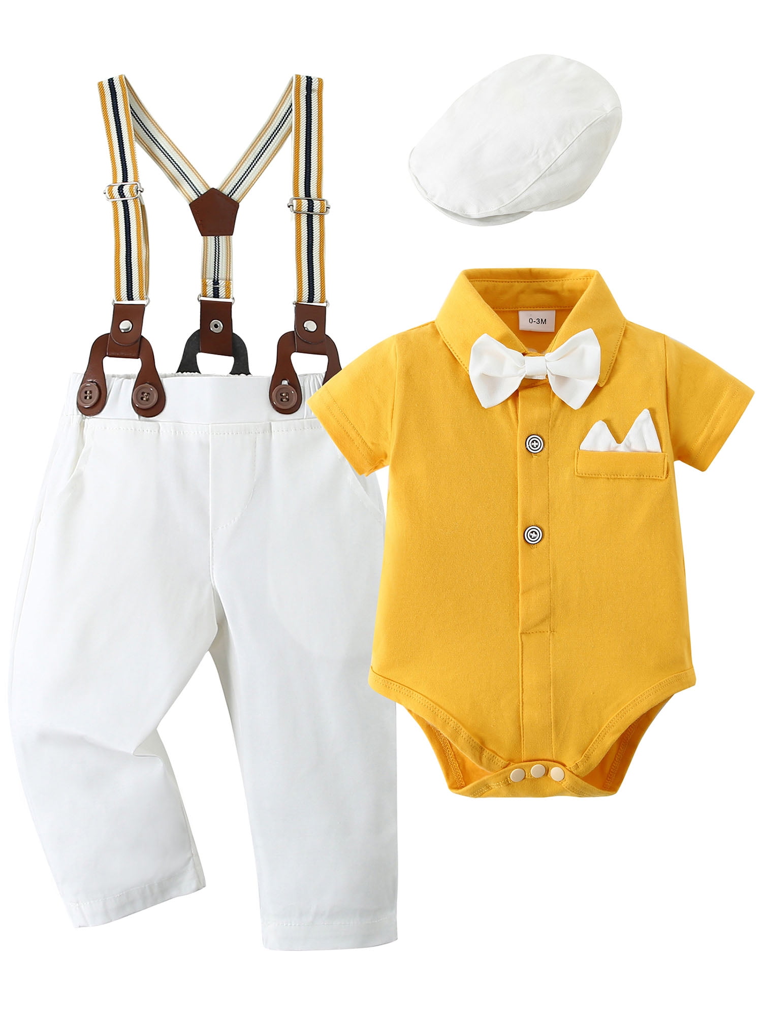 Baby Boy Gentleman Outfit Set - Dress Romper With Shirt, Bowtie & Suspenders For Special Occasions