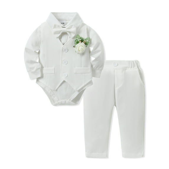 CARETOO Baby Boy Suit Toddler Boy Dress Clothes Gentleman Wedding Baptism Outfits, Formal Dress Shirt+Bowtie+Vest+Boutonniere+Suspender Pants