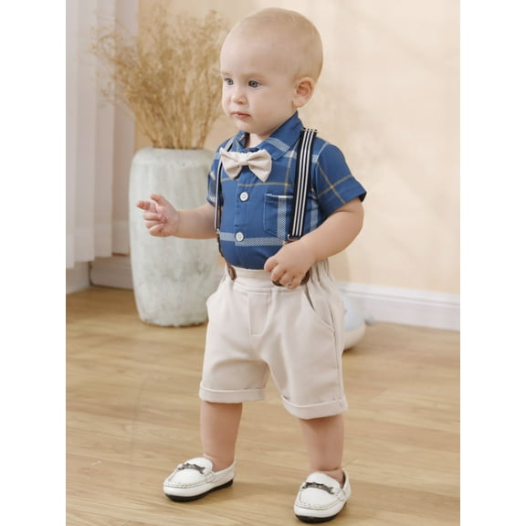 CARETOO Baby Boy Clothes Suit Infant Tuxedo Plaid Shirt Suspender Shorts Pants Bowtie Hat 6-12 Months