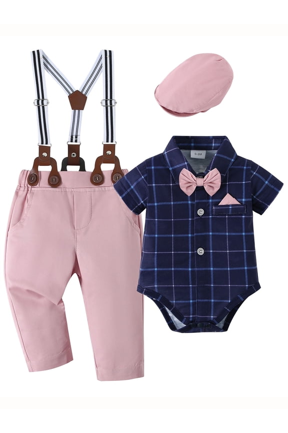 Baby Boy Clothes Suit Plaid Shirt Suspender Pants Beret Hat Tie Formal Cotton Fabric 3pcs
