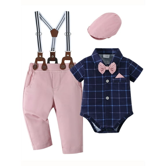 CARETOO Baby Boy Clothes Suit Plaid Shirt Suspender Pants Beret Hat Tie Formal Cotton Fabric 3pcs