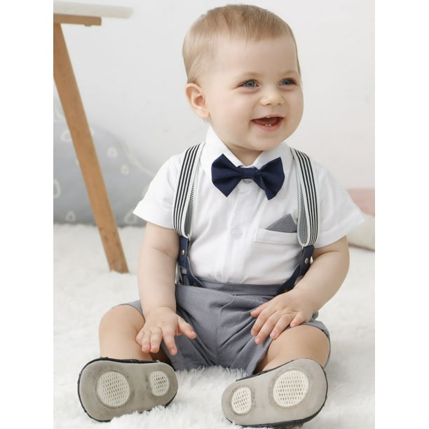 Caretoo Baby Boy Clothes Suit Romper Outfits Suspender Pants Bowtie Gentlemen Wedding 6 9 Months Infant Boy s Gray
