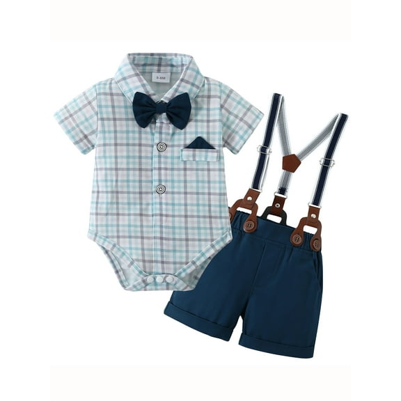 CARETOO Baby Boy Clothes Suit Romper Plaid Shirt Shorts Suspender Pants Formal Cotton Fabric 3pcs