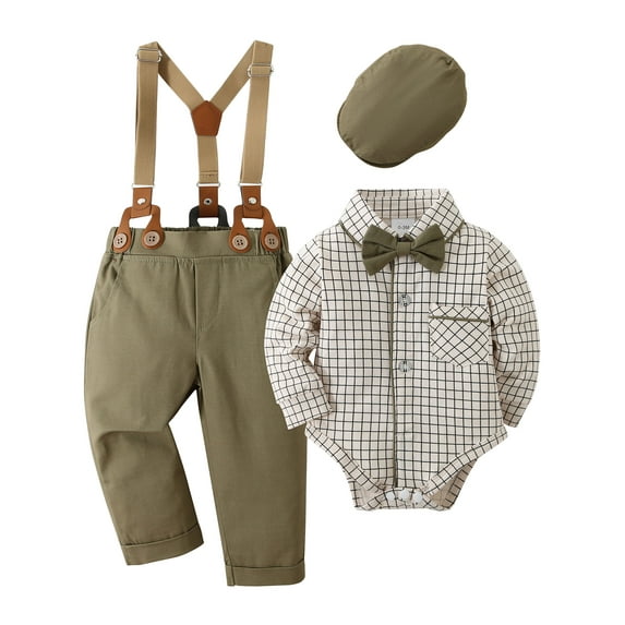 CARETOO Baby Boy Clothes Suit Romper Shirt Beret Hat Suspender Pants Bowtie Outfit Wedding Set 0-18M