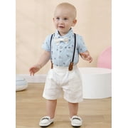 CARETOO Baby Boy Clothes Suit Romper Suspender Trousers Pants Bowtie Hat Gentleman Outfit 0-18M 3pcs
