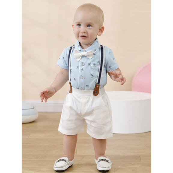 CARETOO Baby Boy Clothes Suit Romper Suspender Trousers Pants Bowtie Hat Gentleman Outfit 0-18M 3pcs