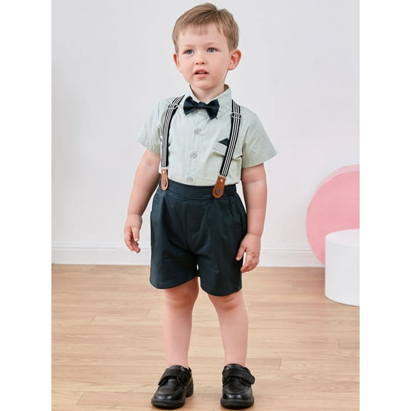 CARETOO Baby Boy Clothes Suit Toddler 1-5T Formal Dress Shirt Bowtie Shorts Pants Outfit Wedding Set