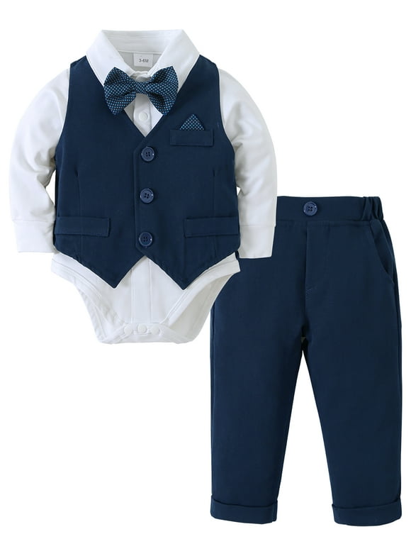 Baby Boy Clothes Suit Toddler Outfits 4pcs Formal Dress Onesie Waistcoat Pants Bow Tie Set