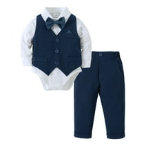 CARETOO Baby Boy Clothes Suit Toddler Outfits 4pcs Formal Dress Onesie Waistcoat Pants Bow Tie Set
