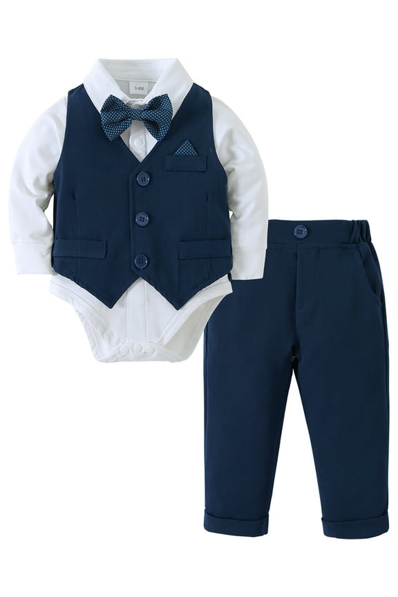 Baby Boy Clothes Suit Toddler Outfits 4pcs Formal Dress Onesie Waistcoat Pants Bow Tie Set