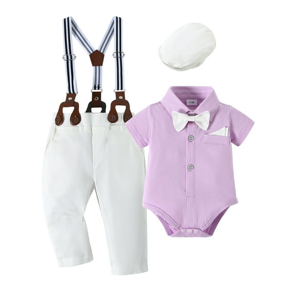 CARETOO Baby Boy Clothes Suits 3M Infant Gentleman Outfits Long Sleeve Dress Suspender Pants Bowtie Beret Hat Wedding Set