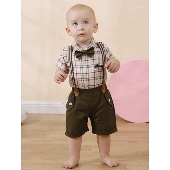 CARETOO Baby Boy Clothes Suits Beret Hat Suspender Shorts Pants Bow Tie Outfit Wedding Set 12-18 Months