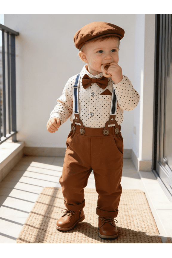 Baby Boy Clothes Suits 0-24M Infant Formal Outfit Romper Beret Suspender Pants Bow Tie Cotton Fabric 3pcs