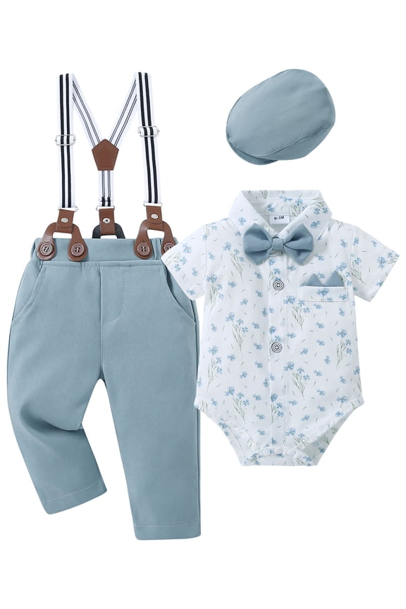 Baby Boy Clothes Suits Gentleman 0-24M Dress Romper Suspender Pants Bow Tie Beret Hat Outfit