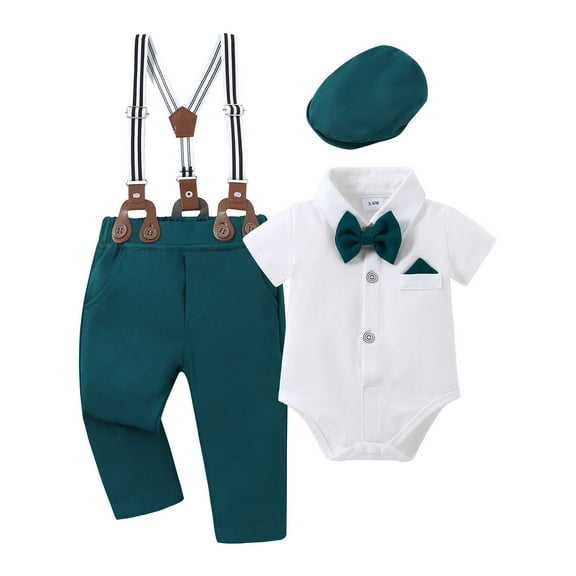 CARETOO Baby Boy Clothes Set Infant Tuxedo Short Sleeve Gentleman Suit Outfits   Beret Hat   Suspender Pants   Bowtie 6-9 Months