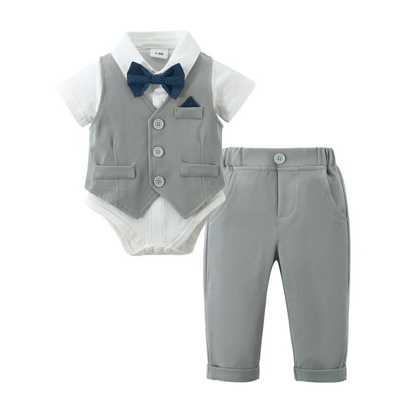 CARETOO Baby Boy Clothes Suits Gentleman Outfits Short Sleeve Romper Shirts Vest Pants Bowtie 3-24M