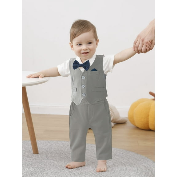CARETOO Baby Boy Clothes Suits Gentleman Outfits Short Sleeve Romper Shirts Vest Pants Bowtie 3-24M