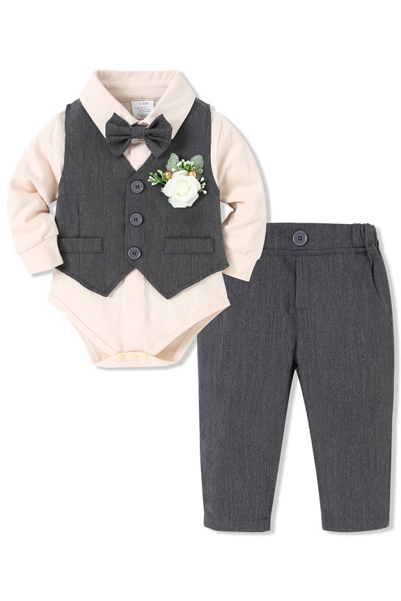 Baby Boy Clothes Suits Infant Gentleman Outfit Dress Shirt Vest Tie Corsage Pants 5Pcs 0-18M
