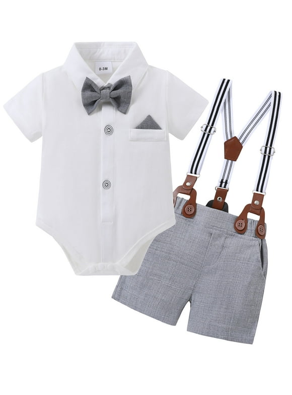 Baby Boy Clothes Suits Romper Shirt Bowtie Suspender Pants Formal Set Cotton Fabric 0-18M