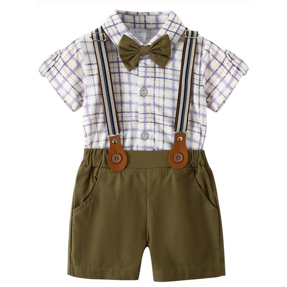 CARETOO Baby Boy Clothes Suits Romper Shirt Plaid Shorts Suspender Pants Wedding Set 0-18 Months
