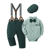 CARETOO Baby Boy Clothes Suits Romper Suspender Pants Beret Hat Bow Tie 3-18M Gentleman Outfits 4pcs