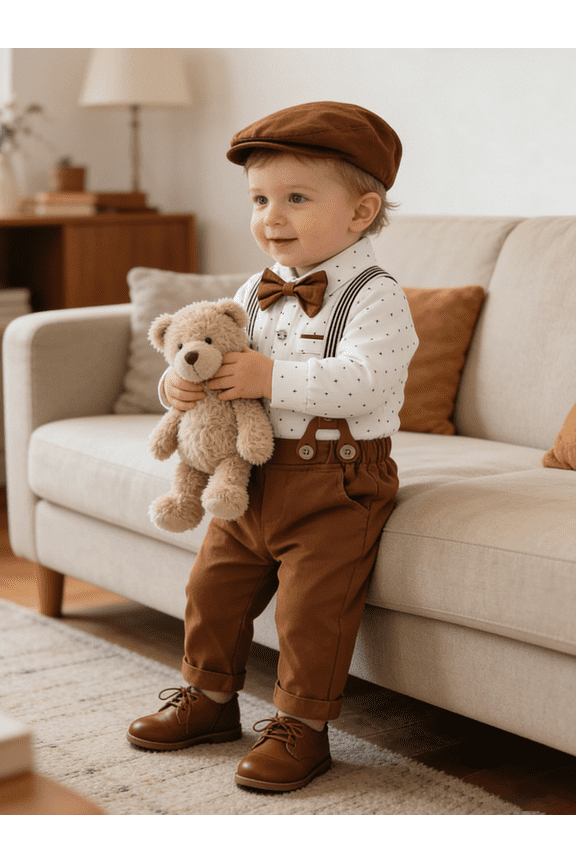 Baby Boy Formal Clothes Outfit 0-24M Suspender Pants Bowtie Beret Hat Cotton Fabric 4pcs Set