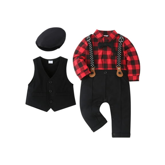 CARETOO Baby Boy Suit Outfits 3pcs Infant Tuxedo Long Sleeve Gentleman Jumpsuit Vest Coat Beret Hat