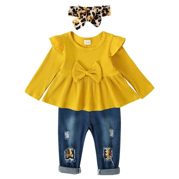 CARETOO Baby Girls Clothes Outfits Cute Girl Short Sleeve Ruffle Top Jeans Pant Headband 3Pcs Set