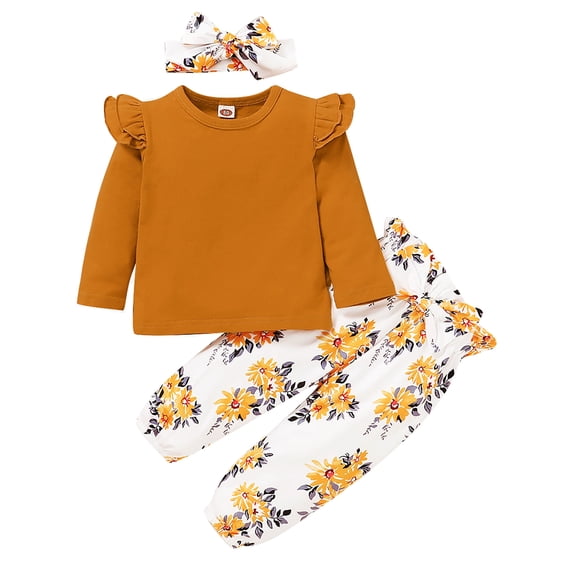CARETOO Baby Girls Toddler Girl Casual Clothes Long Sleeve Ruffle Top Floral Pant Headband 3Pcs 1-5T