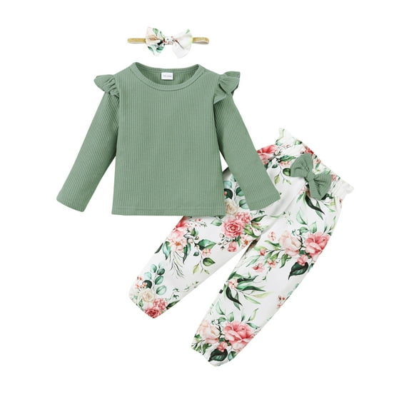CARETOO Baby Girls Toddler Girl Casual Clothes Long Sleeve Ruffle Top Floral Pant Headband 3Pcs 1-5T