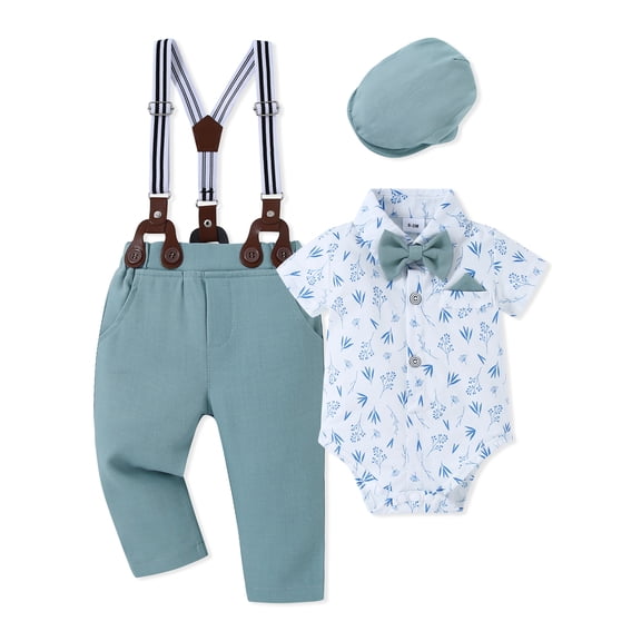 CARETOO Boy Clothes 0-18M Cotton Fabric Formal Outfit Shirt Tie Hat Suspender Pant Suit Clothing Set