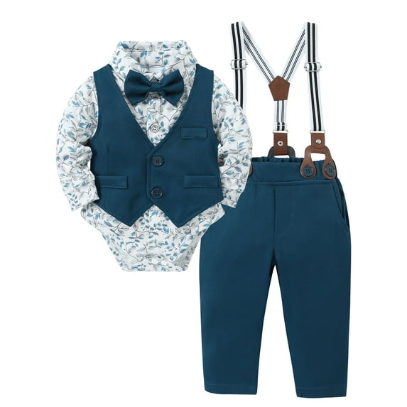 CARETOO Boy Clothes 0-18M Floral Formal Shirt Waistcoat Suspender Pants Tie Outfit Cotton Fabric