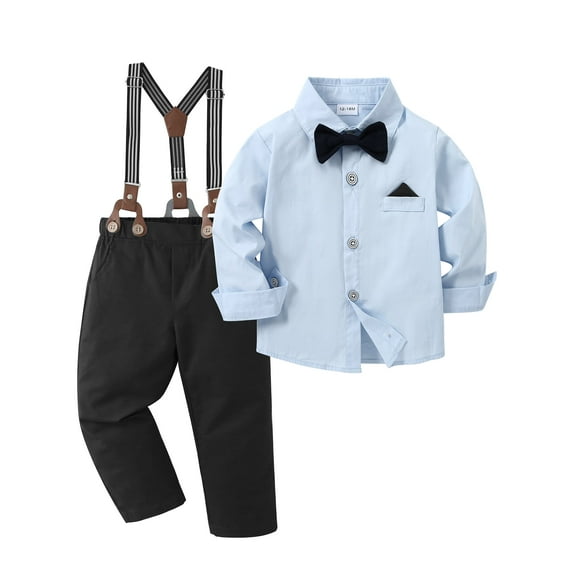 CARETOO Boy Clothes 6-12T Big Kid Dress Shirt Bowtie Suspender Pants Outfit Sets Gentleman Wedding