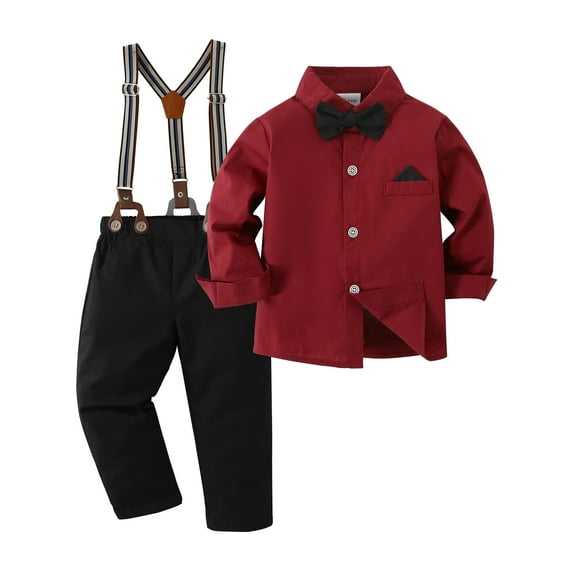 CARETOO Boy Clothes 6-12T Big Kid Dress Shirt Bowtie Suspender Pants Outfit Sets Gentleman Wedding