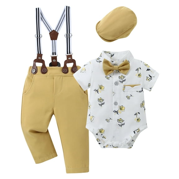 CARETOO Boy Clothes Newborn Formal Outfit Shirt Bowtie Suspender Pants Hat Cotton Fabric 4pcs Set