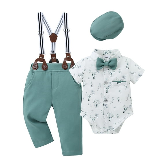 CARETOO Boy Clothes Newborn Formal Outfit Shirt Bowtie Suspender Pants Hat Cotton Fabric 4pcs Set