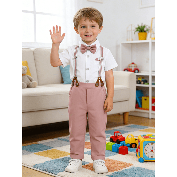 CARETOO Boy Clothes Set Toddler Boy Suit Formal Dress Shirt Bowtie Suspender Pants Wedding Cotton Fabric Baby Boy Church Clothes 1-5T