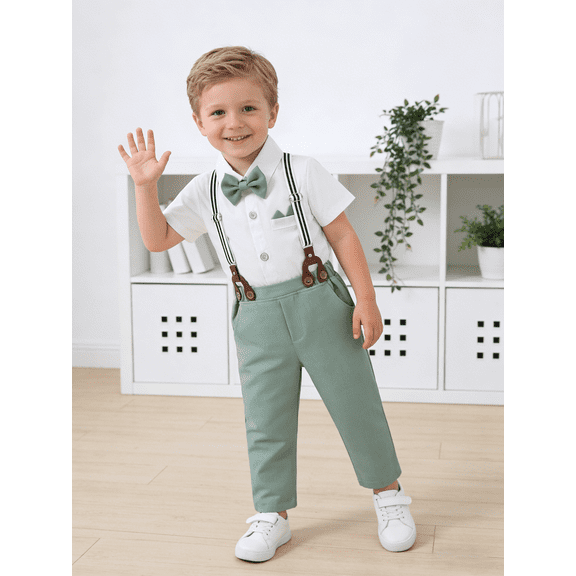 CARETOO Boy Clothes Set Toddler Boy Suit Formal Dress Shirt Bowtie Suspender Pants Wedding Cotton Fabric Baby Boy Church Clothes 1-10T