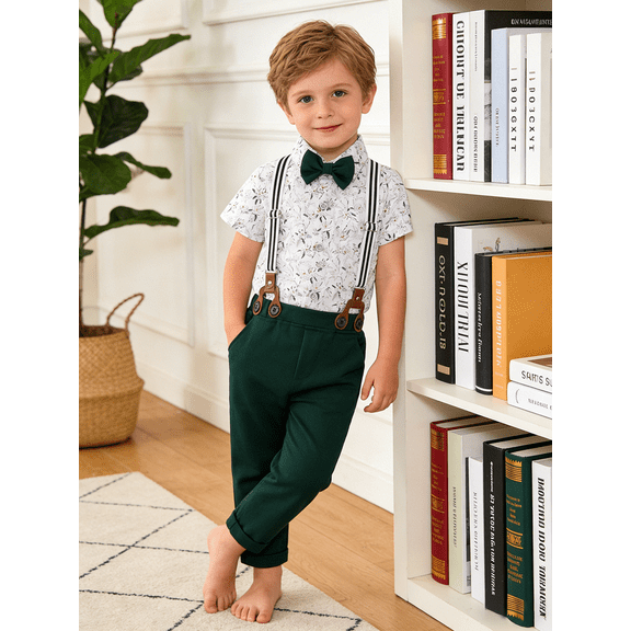 CARETOO Boy Clothes Set Toddler Boy Suit Formal Dress Shirt Bowtie Suspender Pants Wedding Cotton Fabric Baby Boy Church Clothes 1-5T