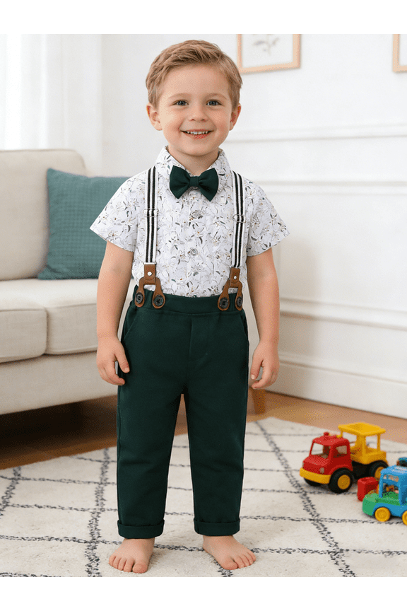 Boy Clothes Set Toddler Boy Suit Formal Dress Shirt Bowtie Suspender Pants Wedding Cotton Fabric Baby Boy Church Clothes 1-5T