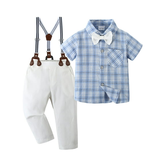 CARETOO Boy Clothes Set Toddler Formal Plaid Dress Shirt Bowtie Suspender Pants Wedding 1-5 Years
