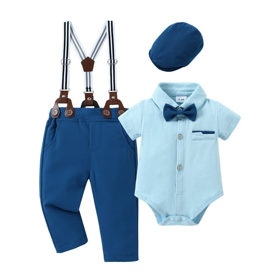 CARETOO Boy Clothes Suit 0-18M Cotton Fabric Formal Outfit Shirt Tie Hat Suspender Pant Solid Set