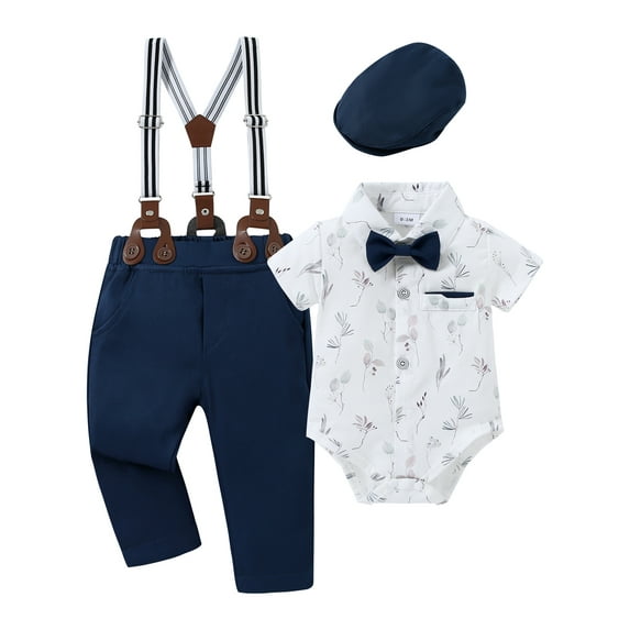 CARETOO Boy Clothes Suit 0-18M Cotton Fabric Formal Outfit Shirt Tie Hat Suspender Pant Solid Set
