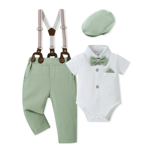 CARETOO Boy Clothes Suit 0-18M Cotton Fabric Formal Outfit Shirt Tie Hat Suspender Pant Solid Set