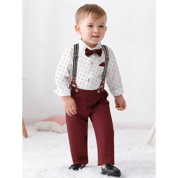 CARETOO Toddler Boy Suits Outfit 1-6T Toddler Baby Boy Formal Dress Shirt Suspender Pants Bowtie 3PCS Baptism Church Clothes